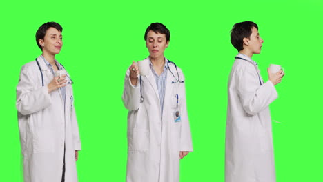 Woman-physician-drinking-a-cup-of-coffee-against-greenscreen-backdrop